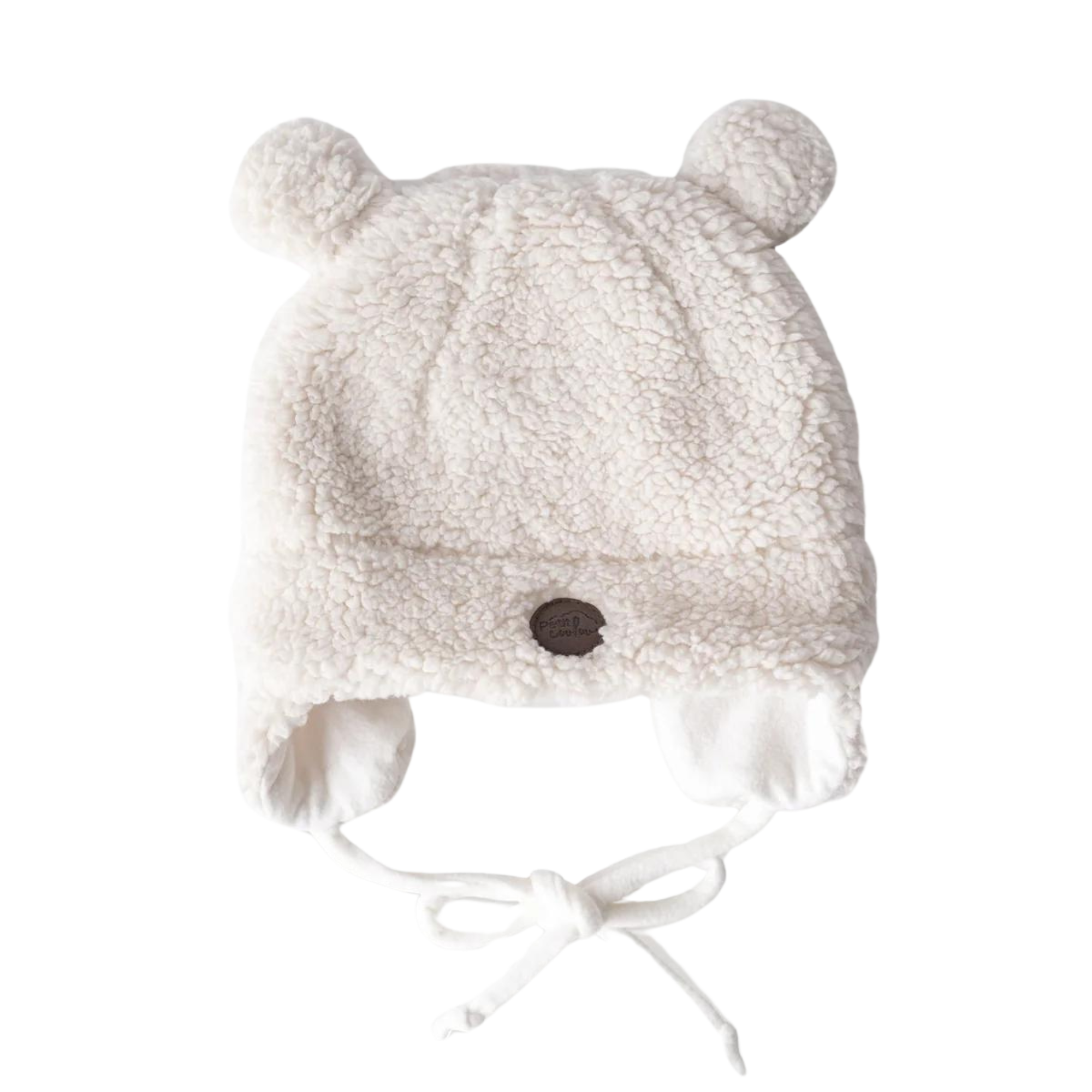 Soft white sherpa baby hat with bear ears and chin ties, designed to keep newborns warm and cozy during cold weather.
