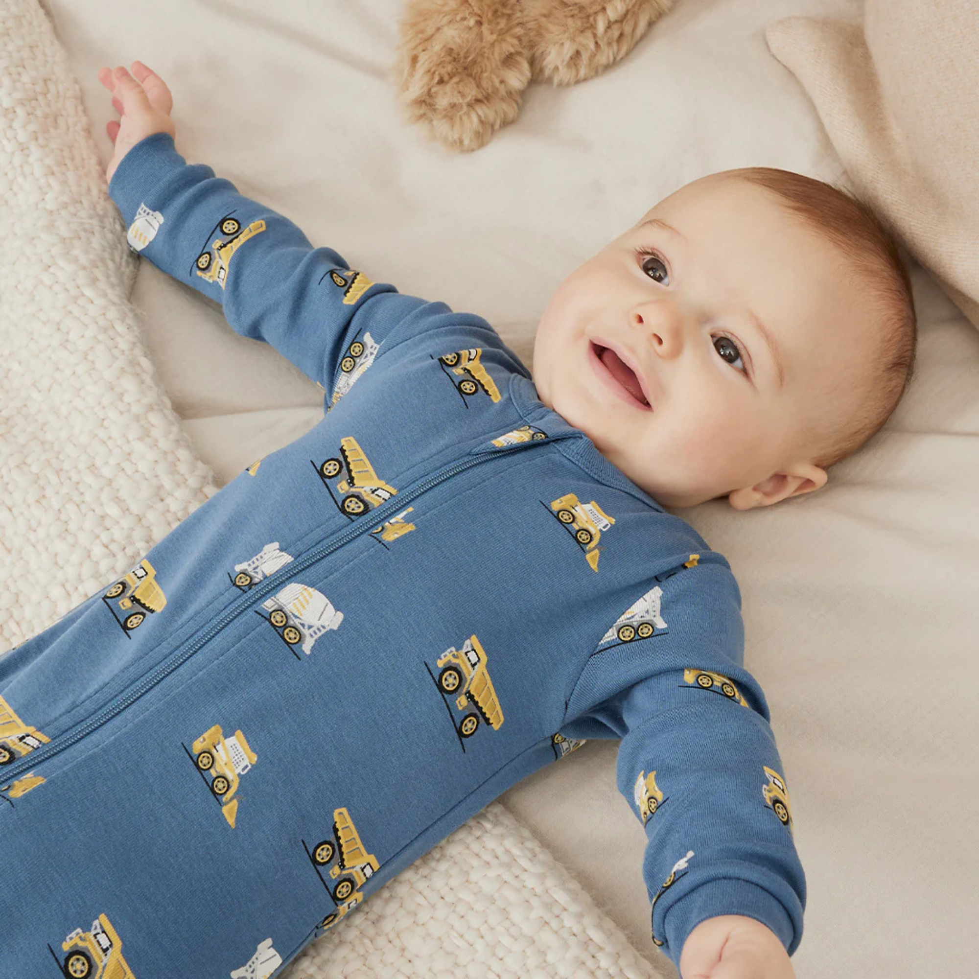 PETIT LEM Construction Truck Print on Cobalt Blue Sleeper