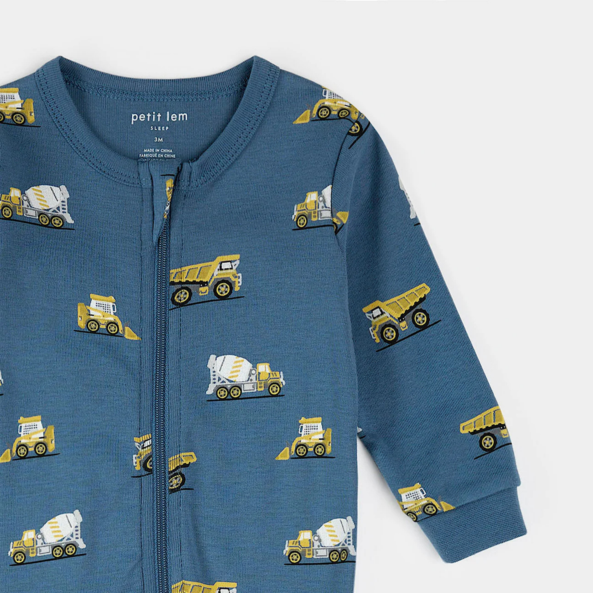 PETIT LEM Construction Truck Print on Cobalt Blue Sleeper