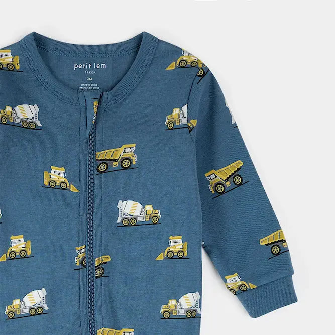 PETIT LEM Construction Truck Print on Cobalt Blue Sleeper