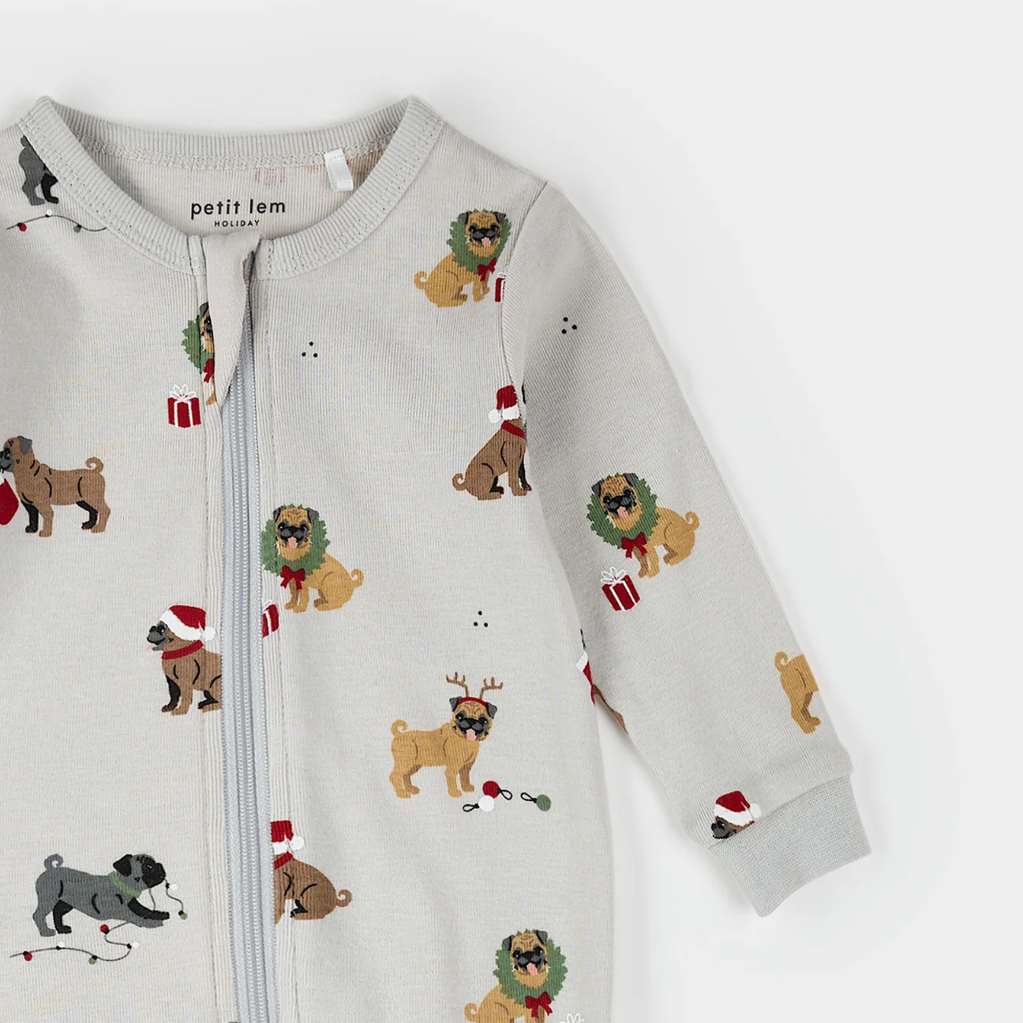 PETIT LEM Holiday Pugs Print on Light Grey Sleeper
