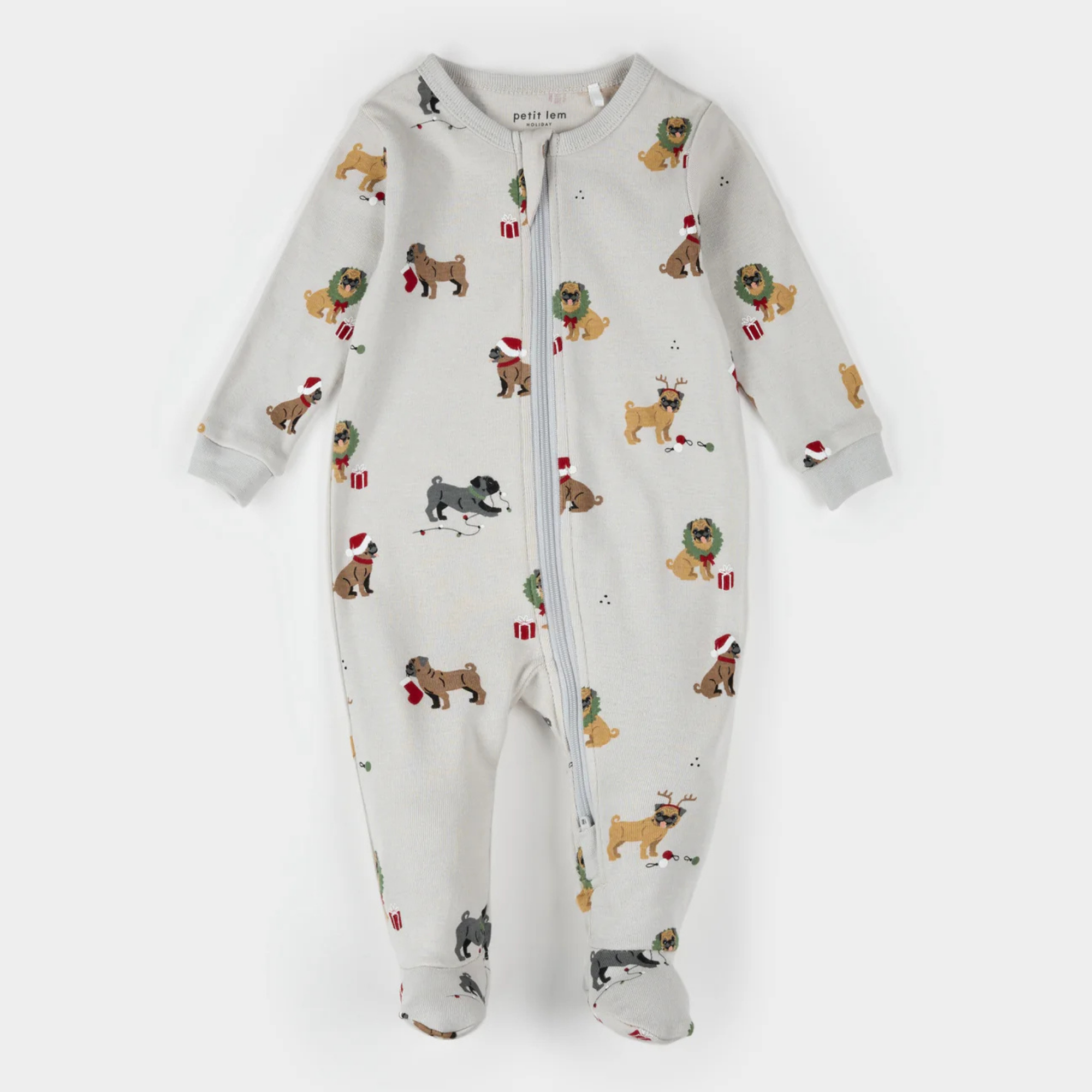 PETIT LEM Holiday Pugs Print on Light Grey Sleeper