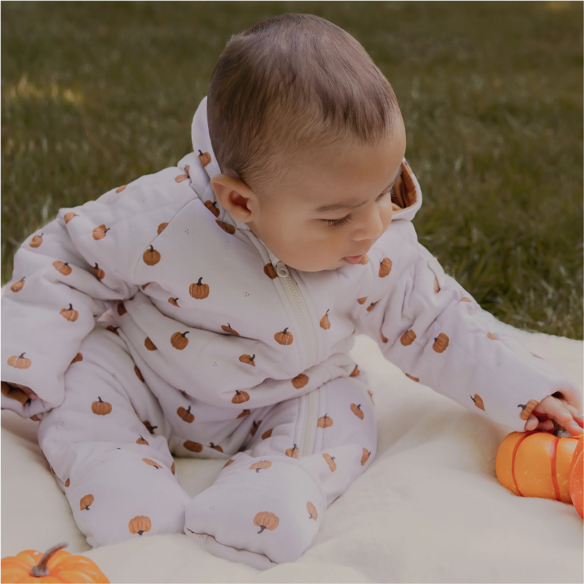 PETIT LEM Little Pumpkin Print Quilted Hooded Bunting Playsuit