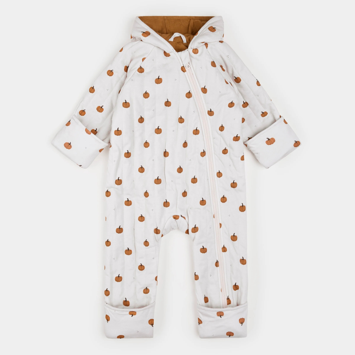 PETIT LEM Little Pumpkin Print Quilted Hooded Bunting Playsuit