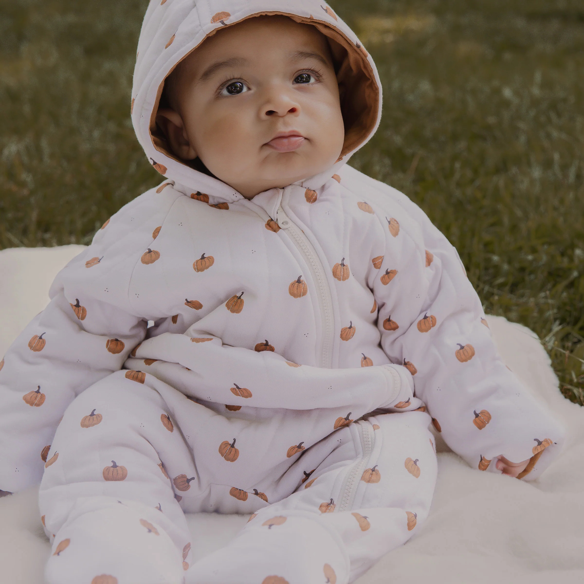 PETIT LEM Little Pumpkin Print Quilted Hooded Bunting Playsuit