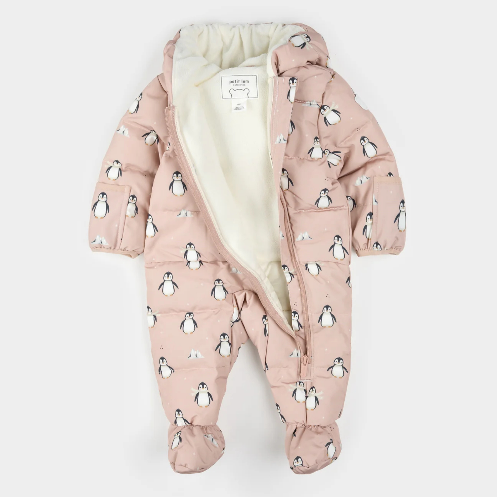 PETIT LEM Penguins on Dusty Pink One-Piece Snowsuit