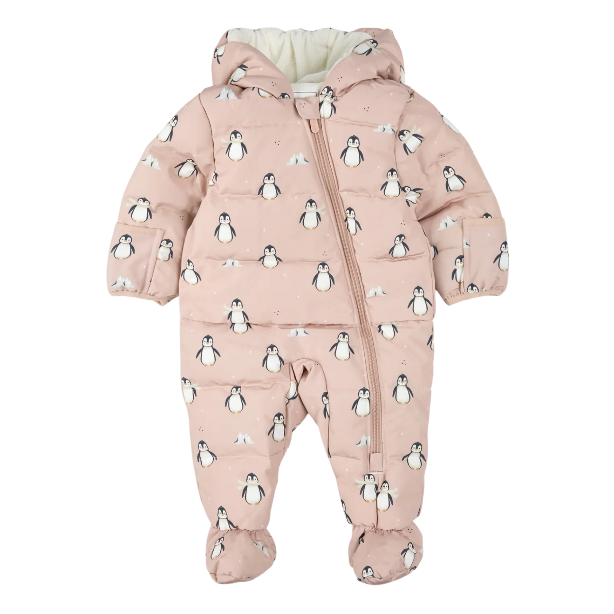 PETIT LEM Penguins on Dusty Pink One-Piece Snowsuit