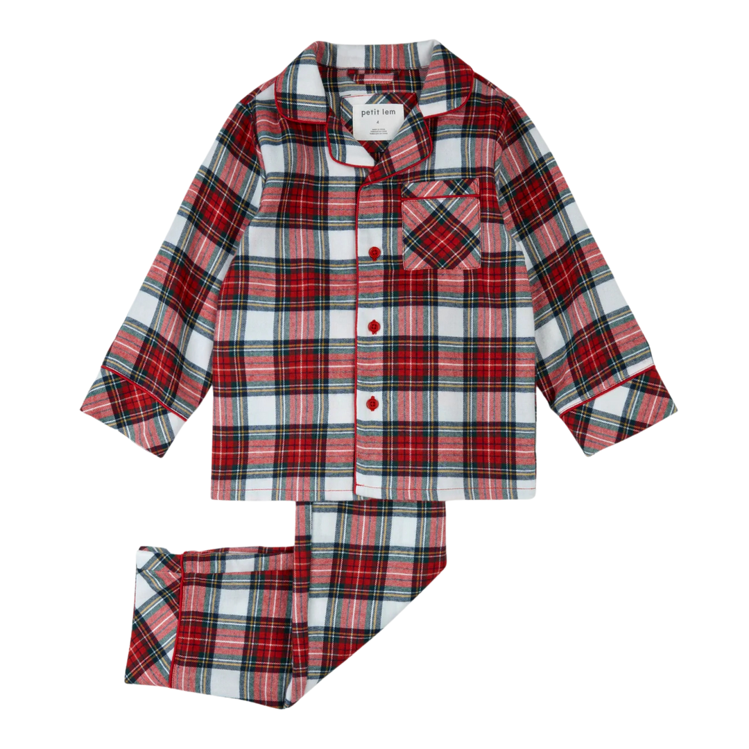 PETIT LEM Red Tartan Plaid Flannel 1-Piece PJ Set