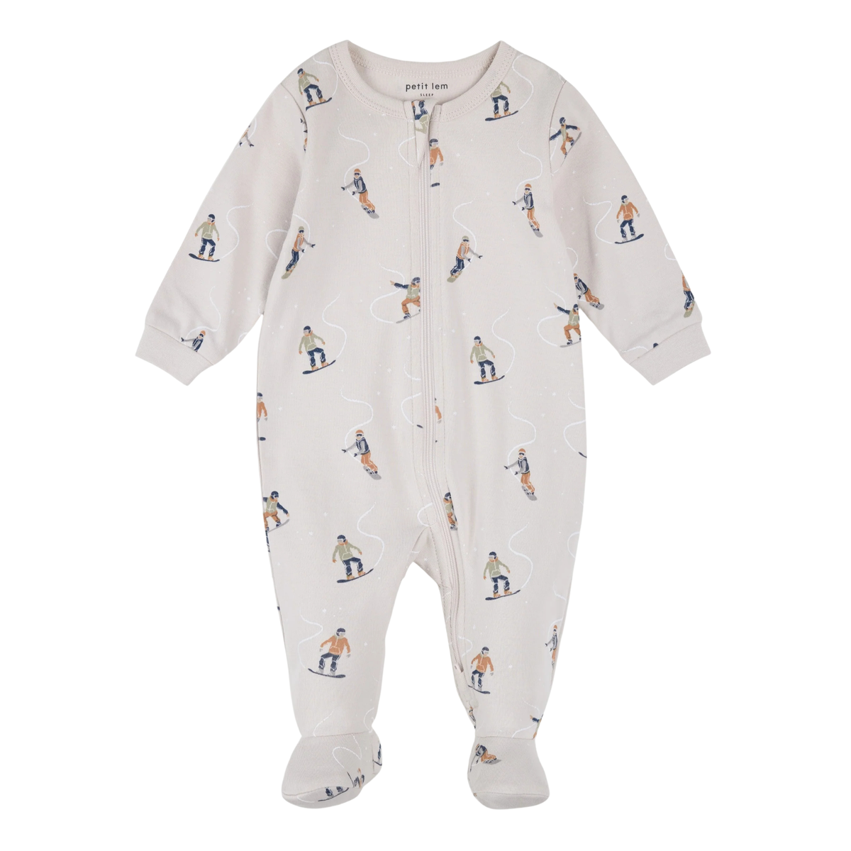 PETIT LEM Snowboarders Print on Beige Footed Sleeper