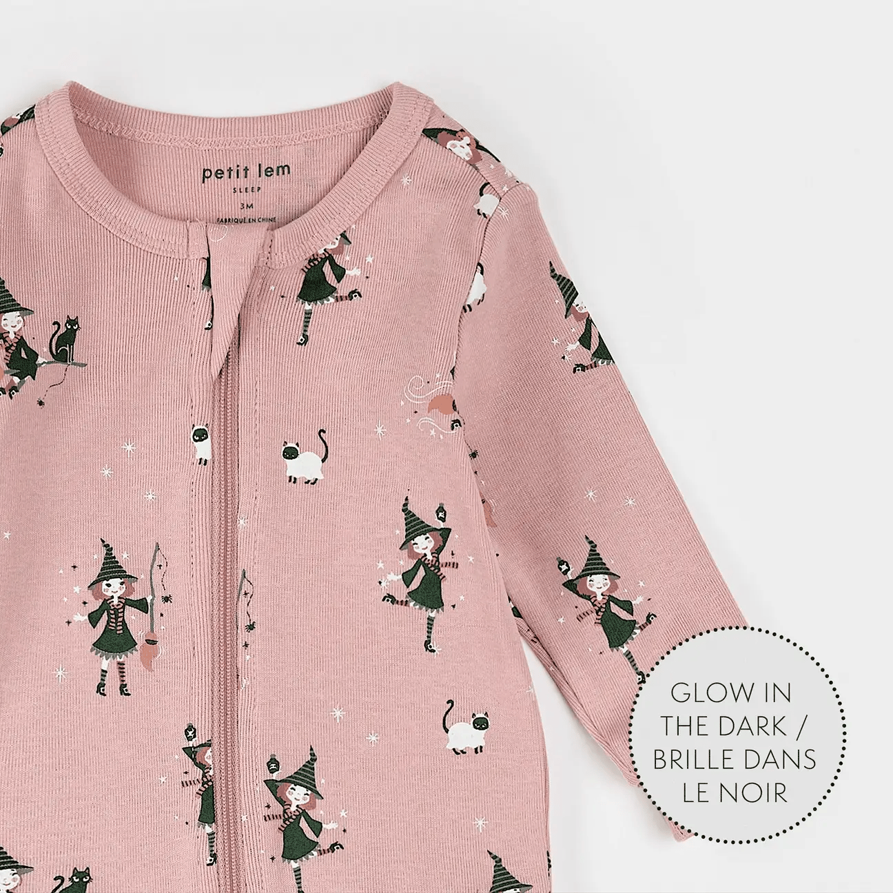 Imprimé PETIT LEM Witch GITD sur pyjama rose