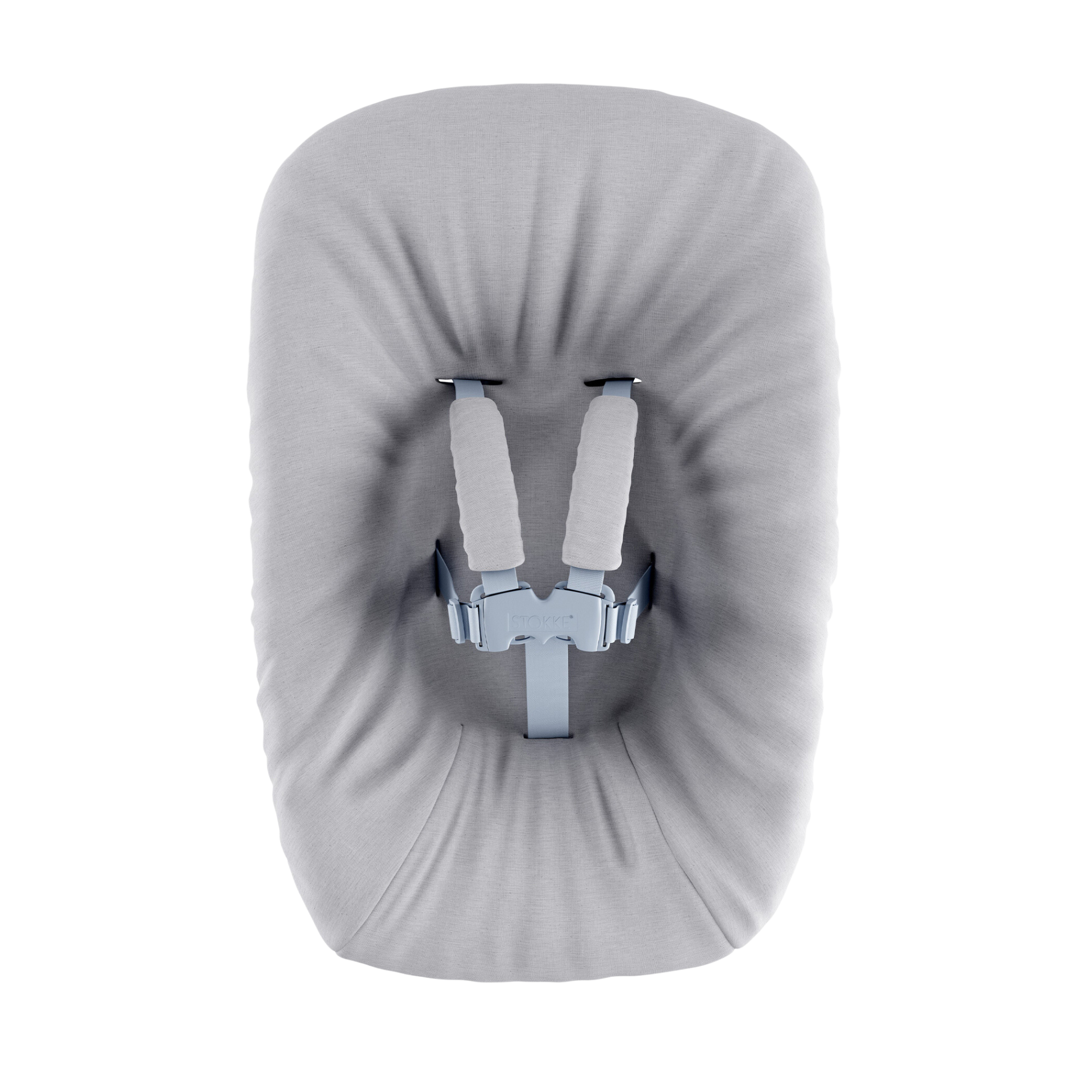 Light grey Stokke Tripp Trapp newborn insert with soft padded sides and harness openings, designed to cradle and support infants securely.