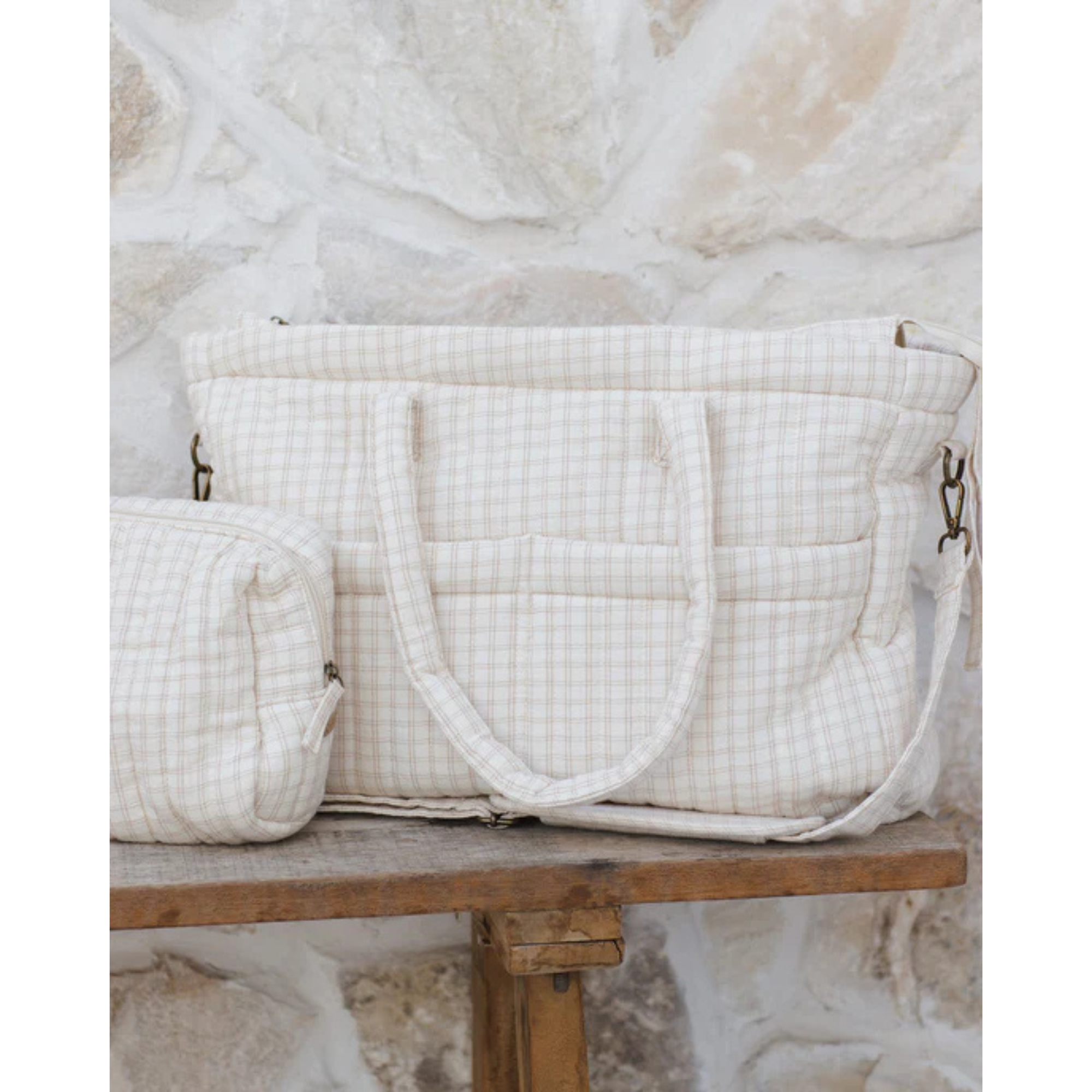 QUINCY MAE Diaper Bag + Changing Pad Set - Oat Check