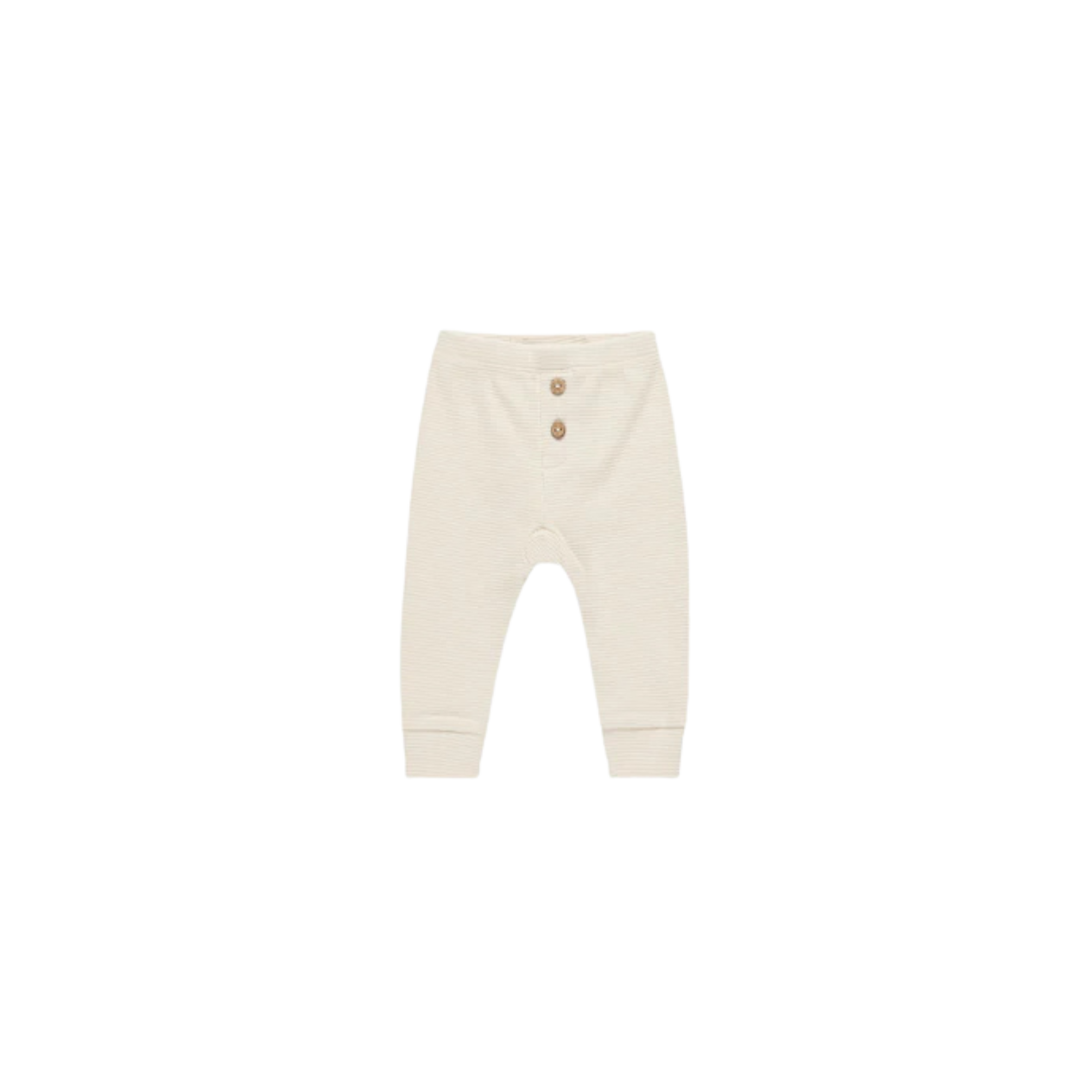 Quincy Mae baby leggings in natural beige with slim fit, elastic waistband, and three front buttons, made from soft organic cotton on white background.
