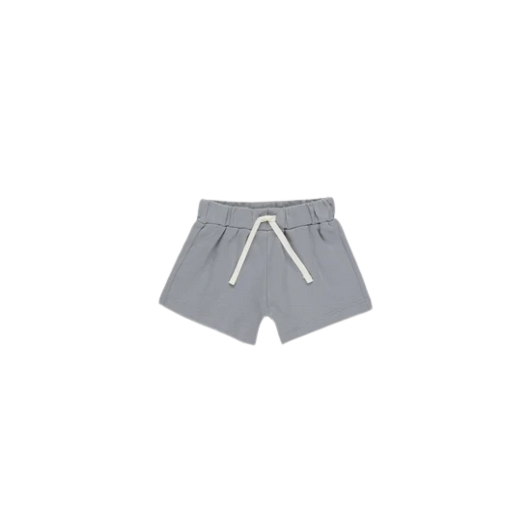 Light grey baby shorts with an elastic waistband and white drawstring, designed for everyday comfort and easy movement.