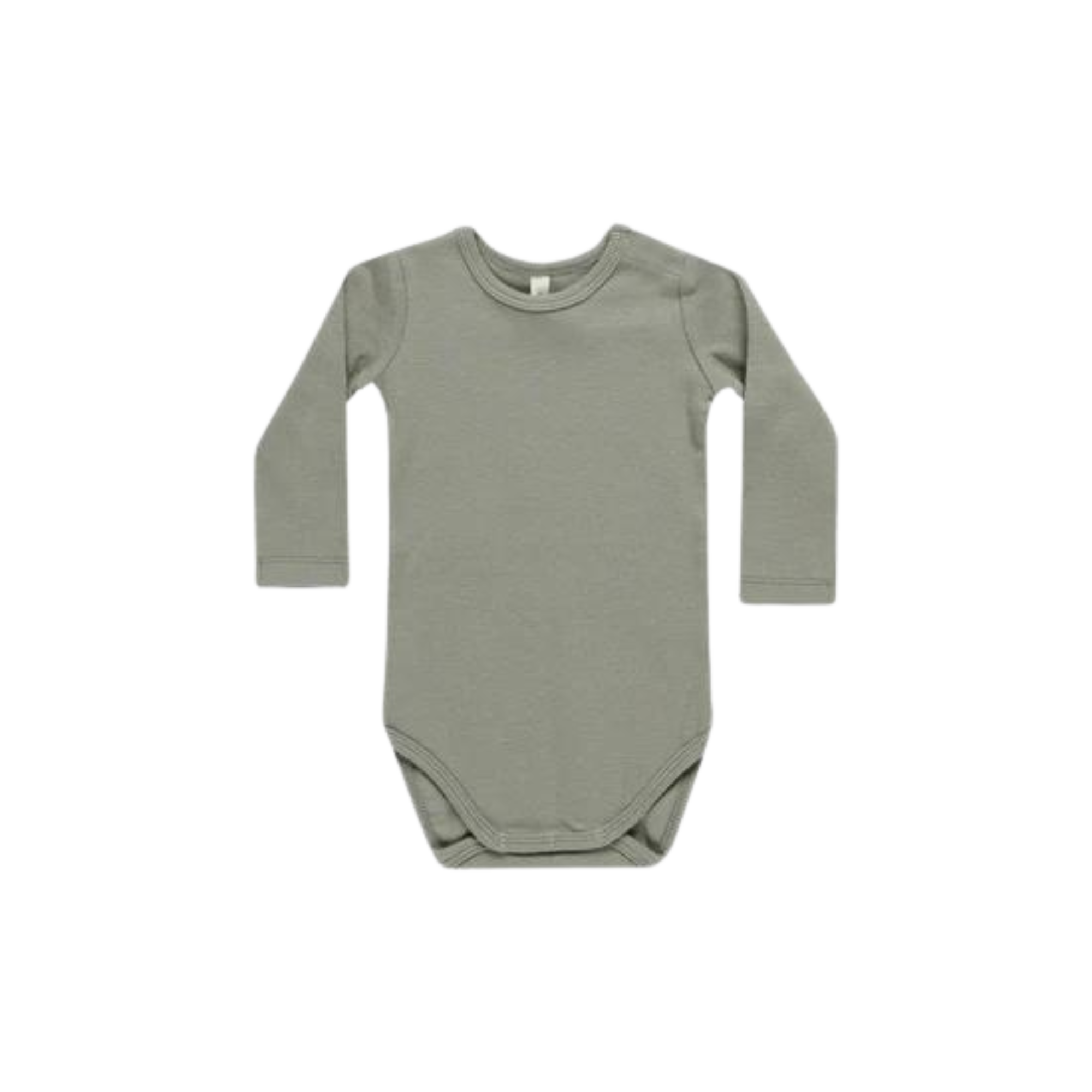 Quincy Mae sage green long-sleeve baby bodysuit with round neckline and snap closure, displayed flat on a neutral background.