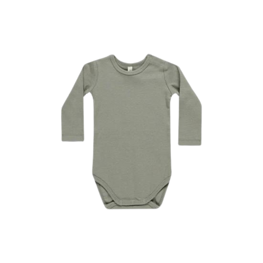 Quincy Mae sage green long-sleeve baby bodysuit with round neckline and snap closure, displayed flat on a neutral background.