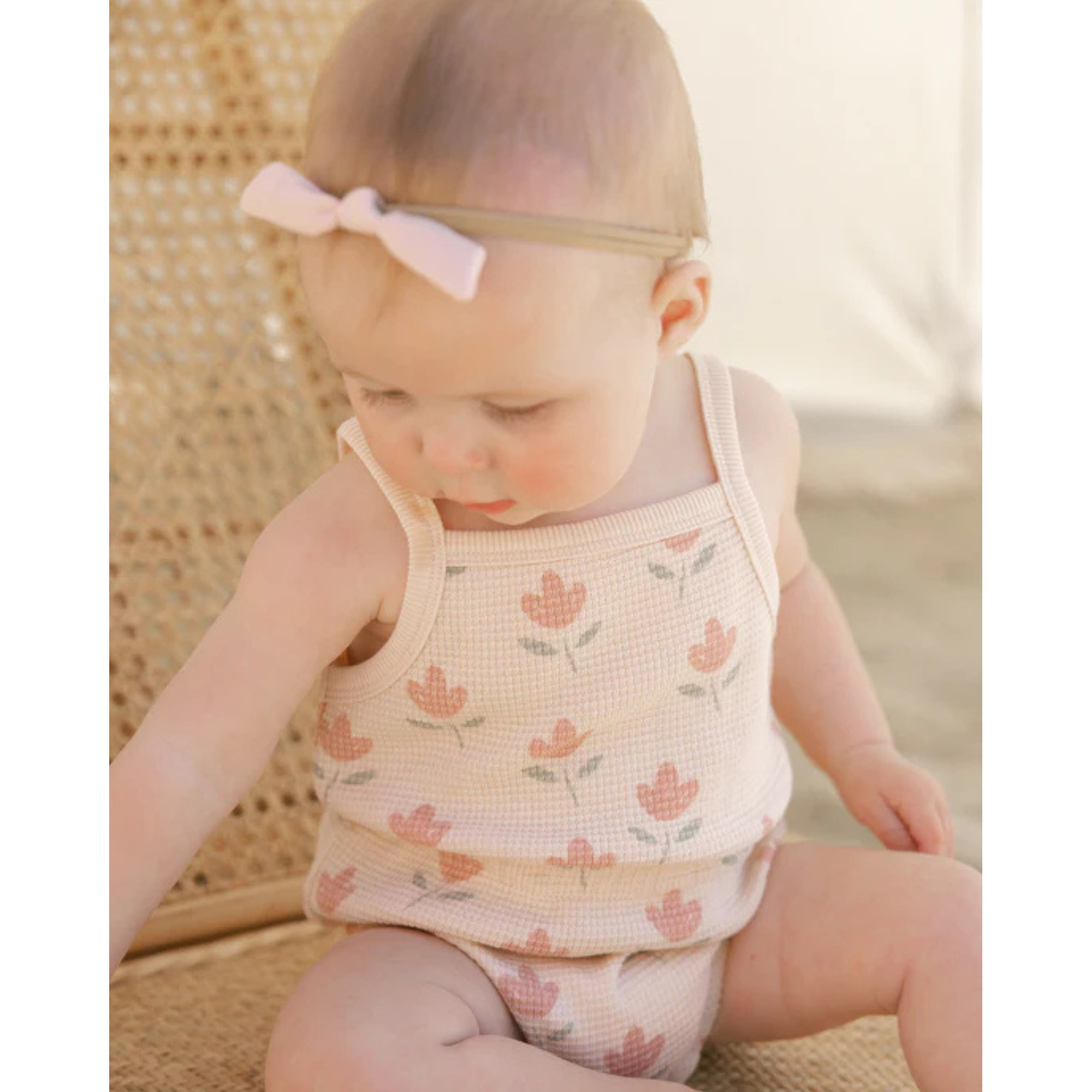 QUINCY MAE Waffle Cinch Romper - Tulips