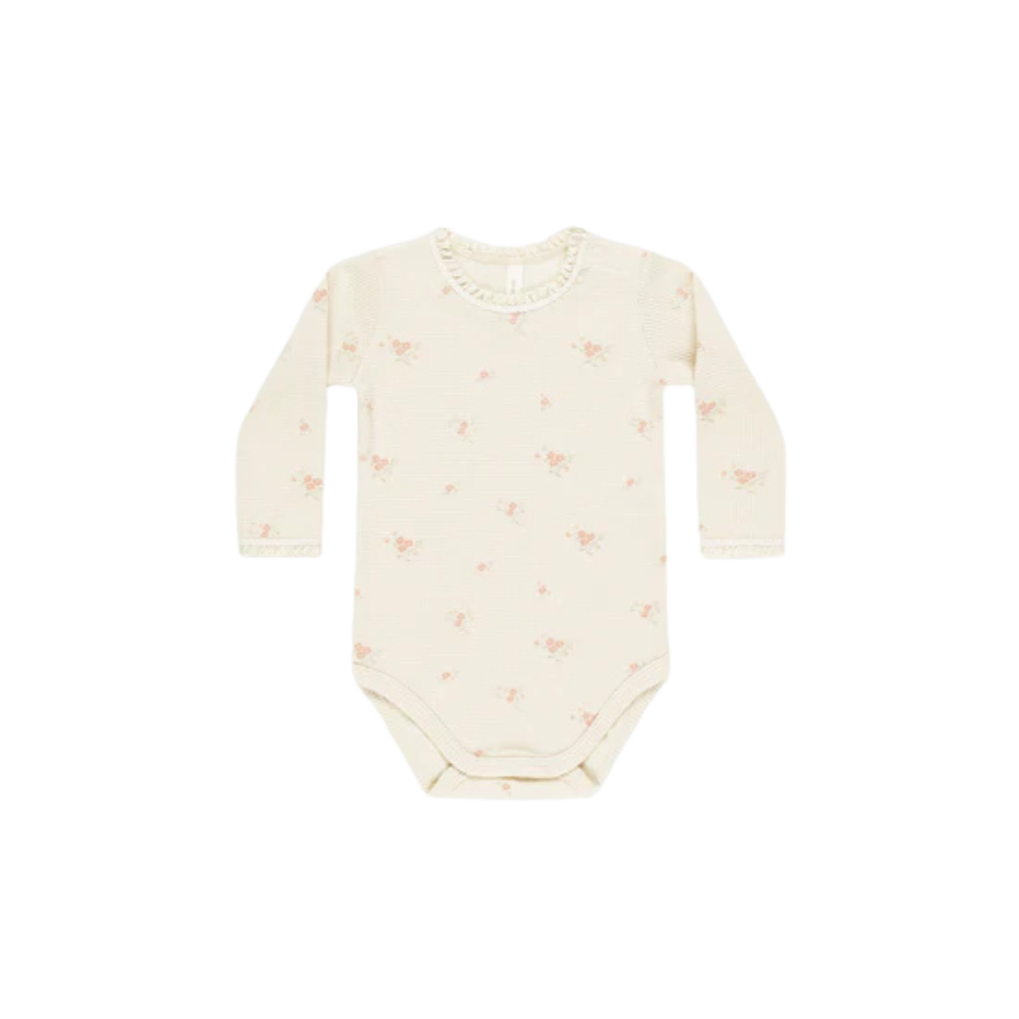 Cream-colored long-sleeve baby onesie with small pink floral print, made from soft cotton for cozy everyday wear.