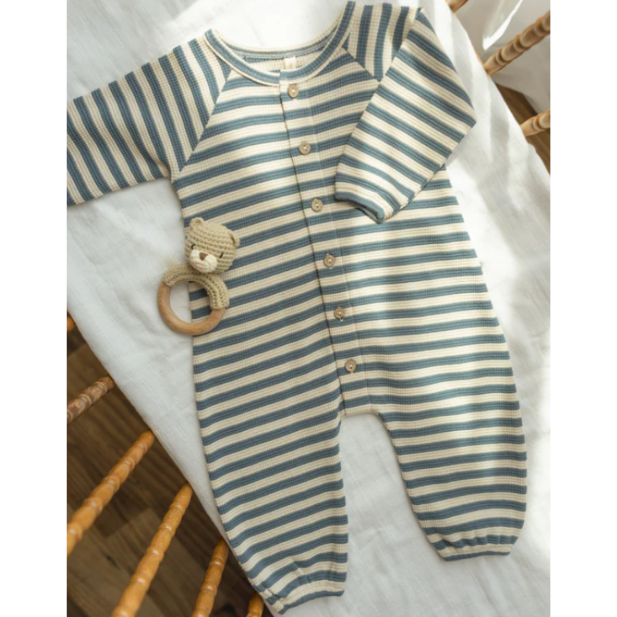 QUINCY MAE Waffle Long Sleeve Jumpsuit - Ocean Stripe