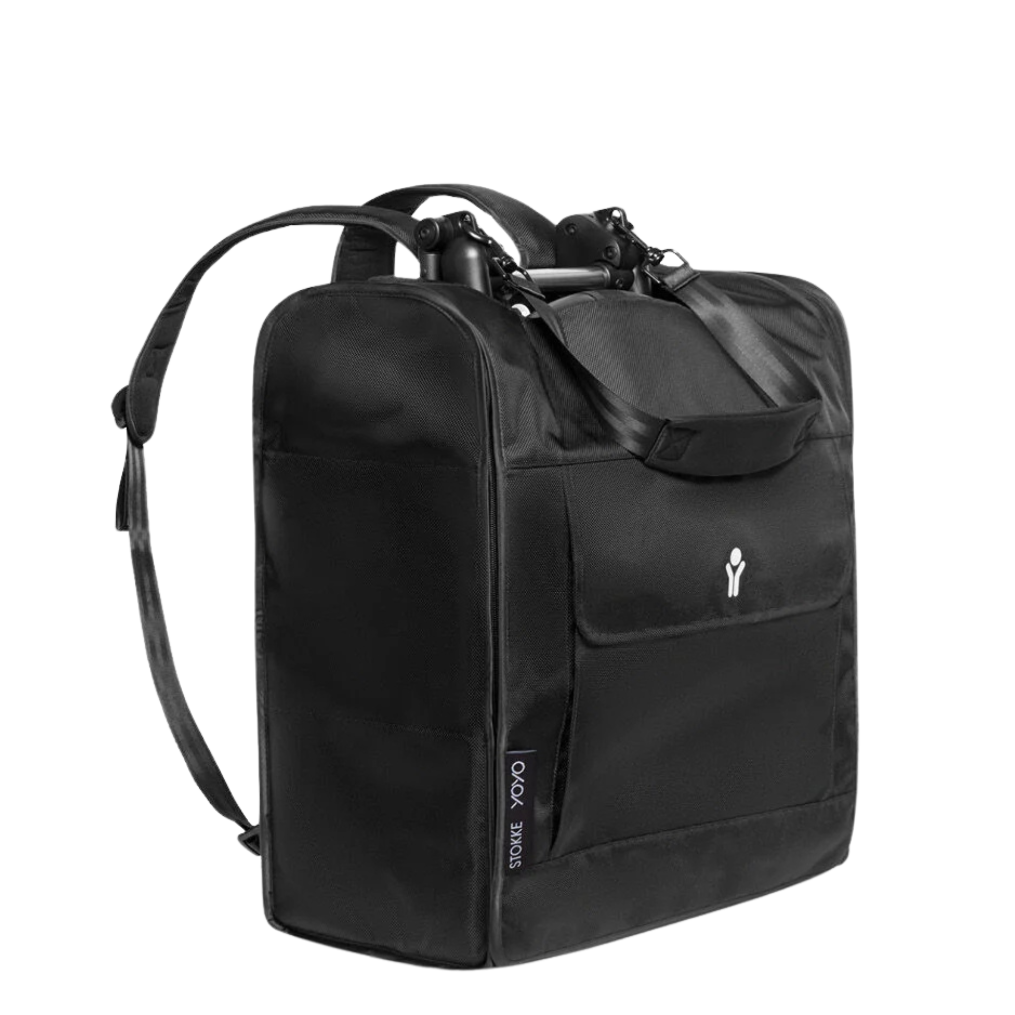Black travel backpack with structured design, top handles, and shoulder strap, featuring front pockets and zipper closures for organized storage.