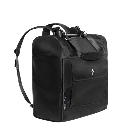 Black travel backpack with structured design, top handles, and shoulder strap, featuring front pockets and zipper closures for organized storage.