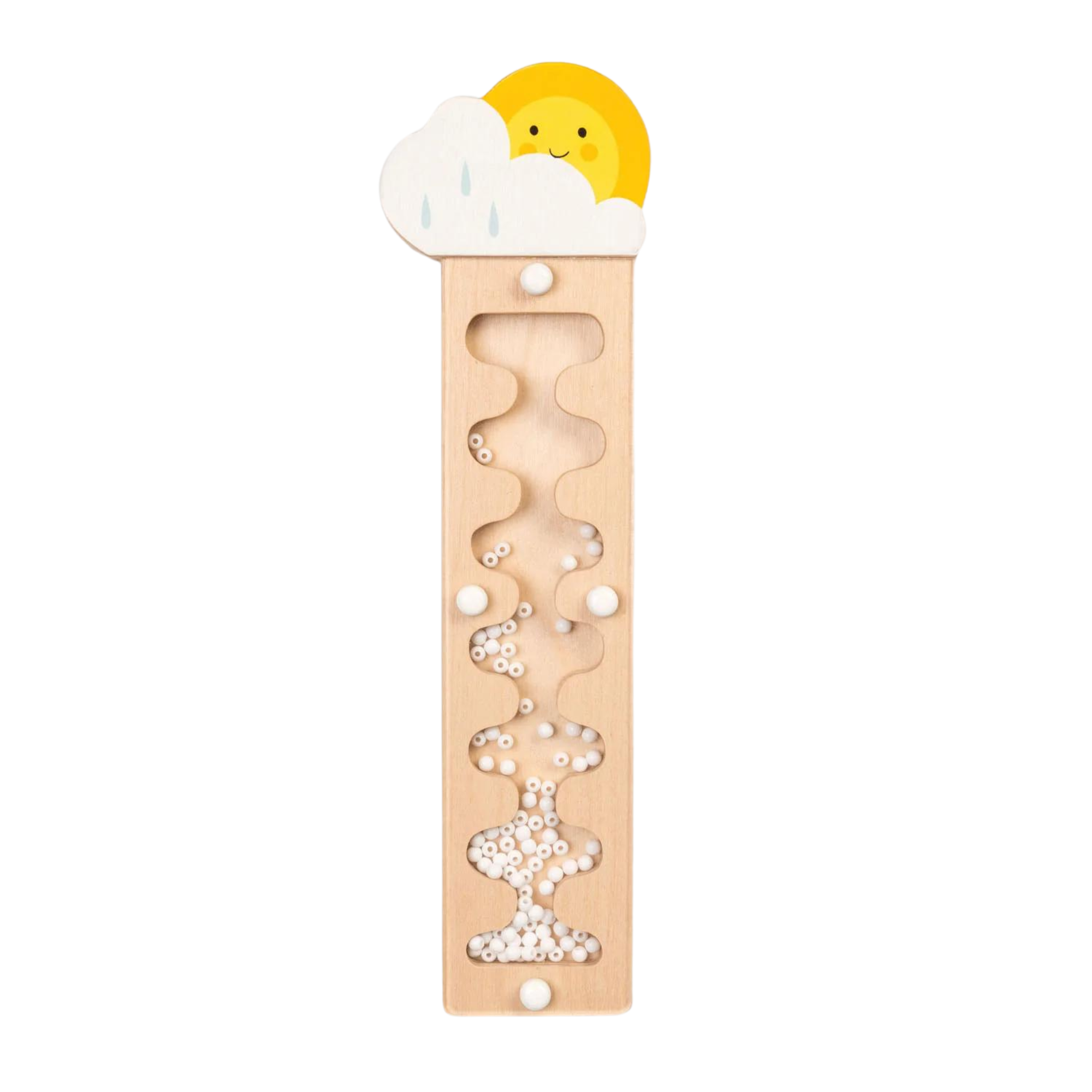 Wooden Tender Leaf Rain Maker featuring smiling sun and cloud at the top, with small white beads cascading through zig-zag tracks.