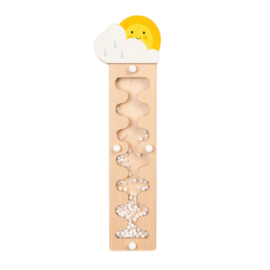 Wooden Tender Leaf Rain Maker featuring smiling sun and cloud at the top, with small white beads cascading through zig-zag tracks.