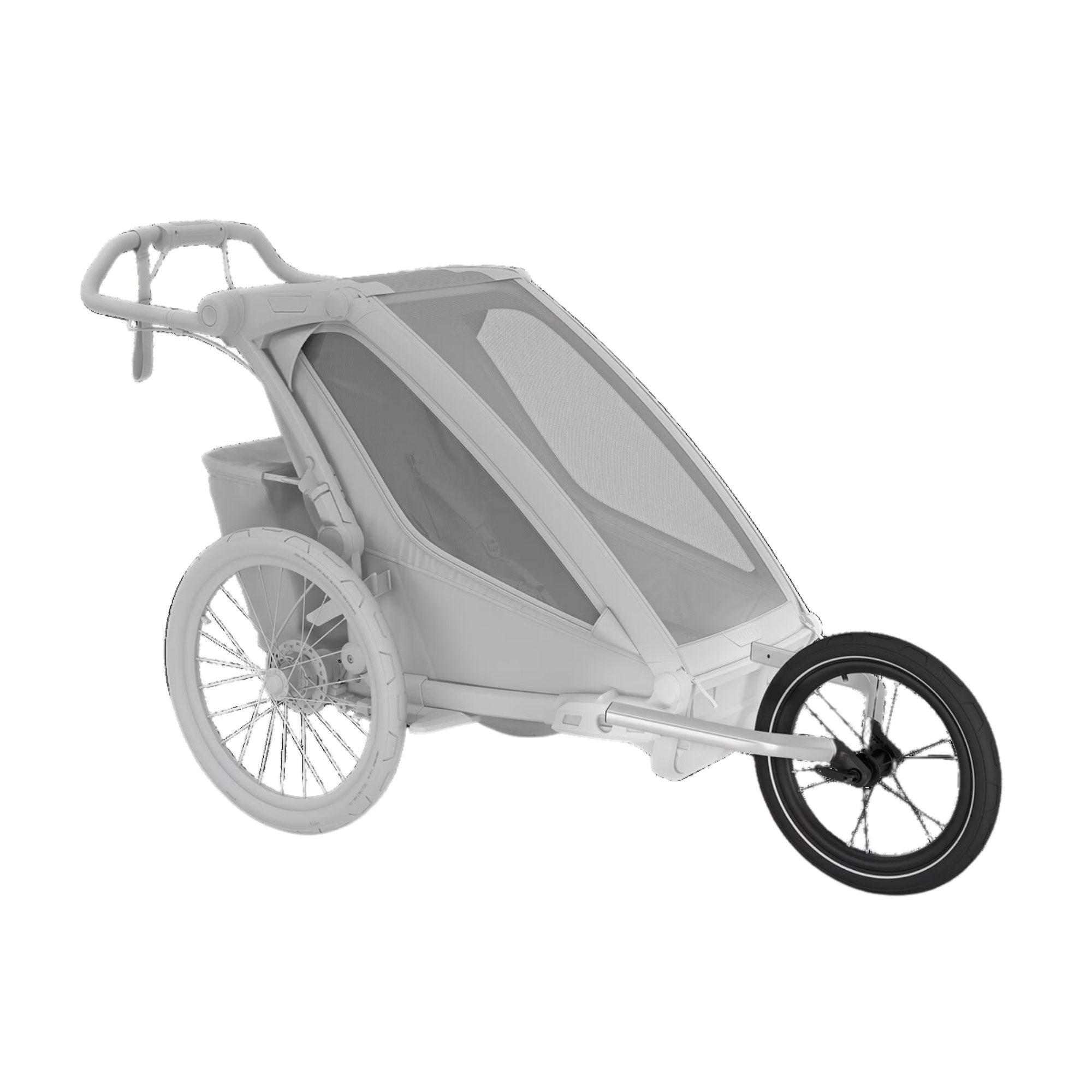 Light grey bike trailer and stroller hybrid with large rear wheels and mesh cover, designed for active parents and outdoor adventures.