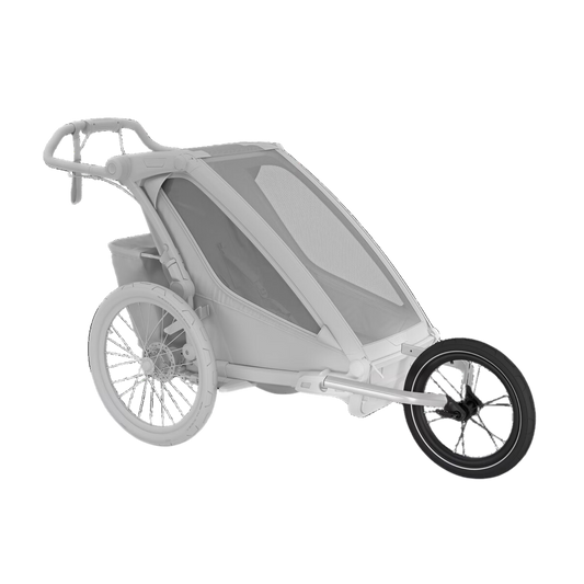 Light grey bike trailer and stroller hybrid with large rear wheels and mesh cover, designed for active parents and outdoor adventures.