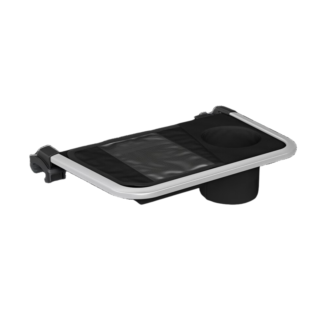 Black rectangular car seat organizer tray with cup holder and clip attachment, shown on a light background.
