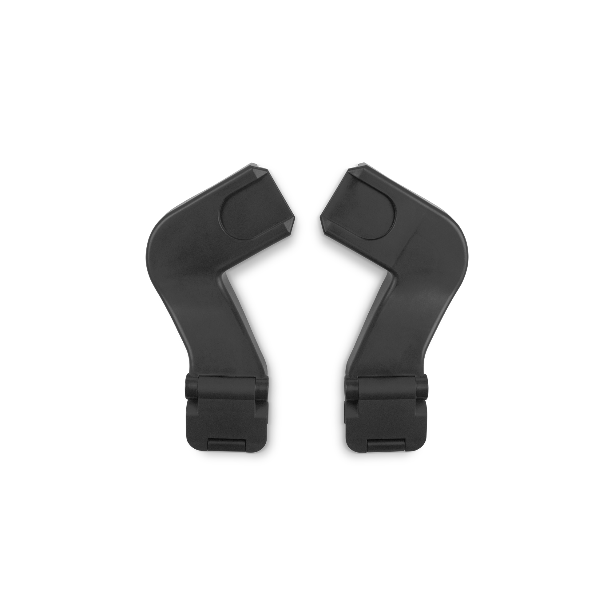 Pair of black stroller adapters with angled connectors and locking clips, designed to attach compatible infant car seats to stroller frames.