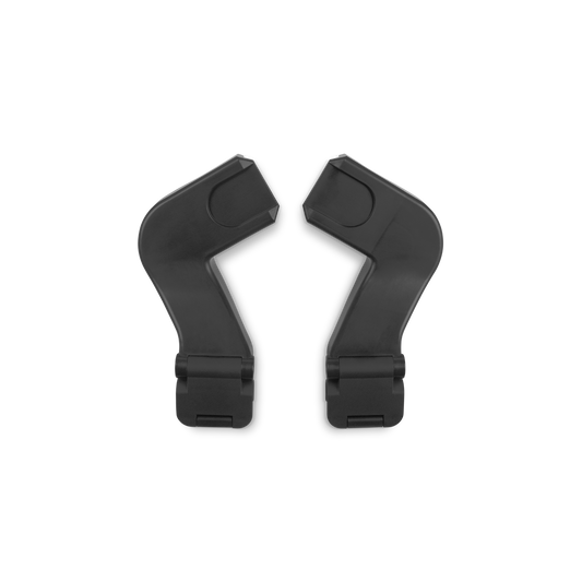Pair of black stroller adapters with angled connectors and locking clips, designed to attach compatible infant car seats to stroller frames.