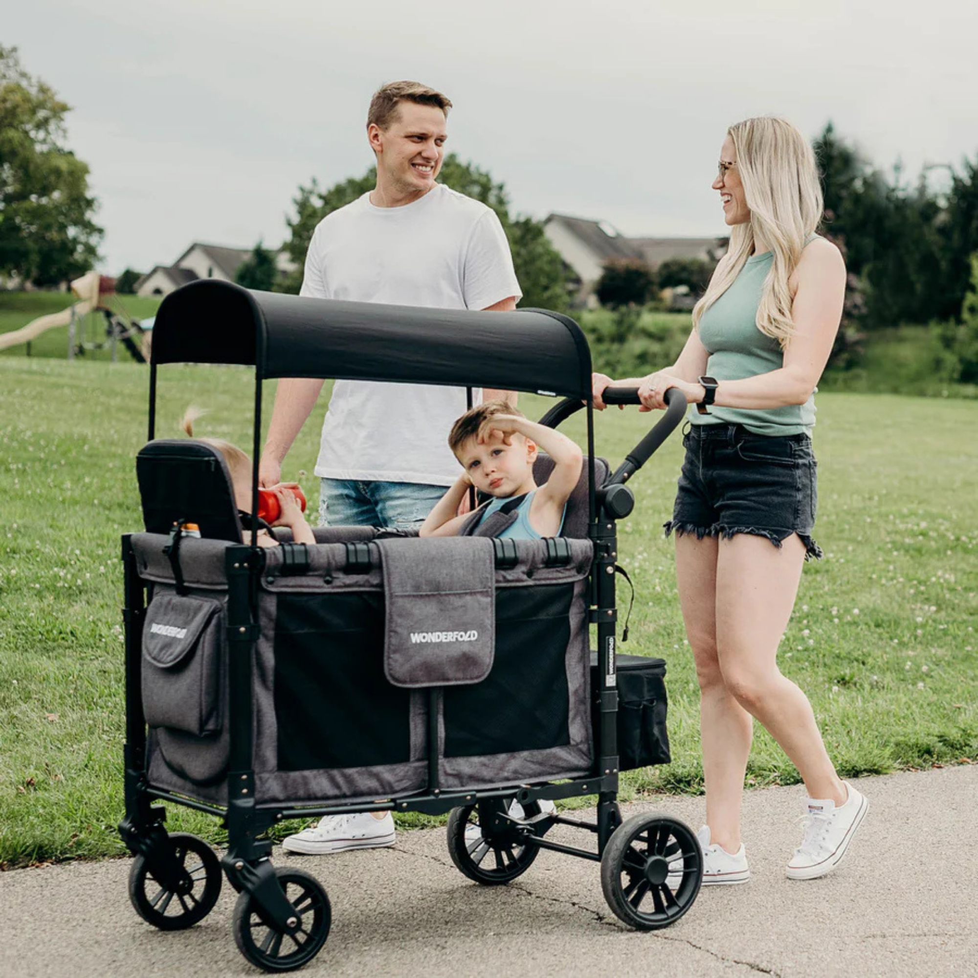 WONDERFOLD W2 Elite Push Double Stroller Wagon - Volcanic Black