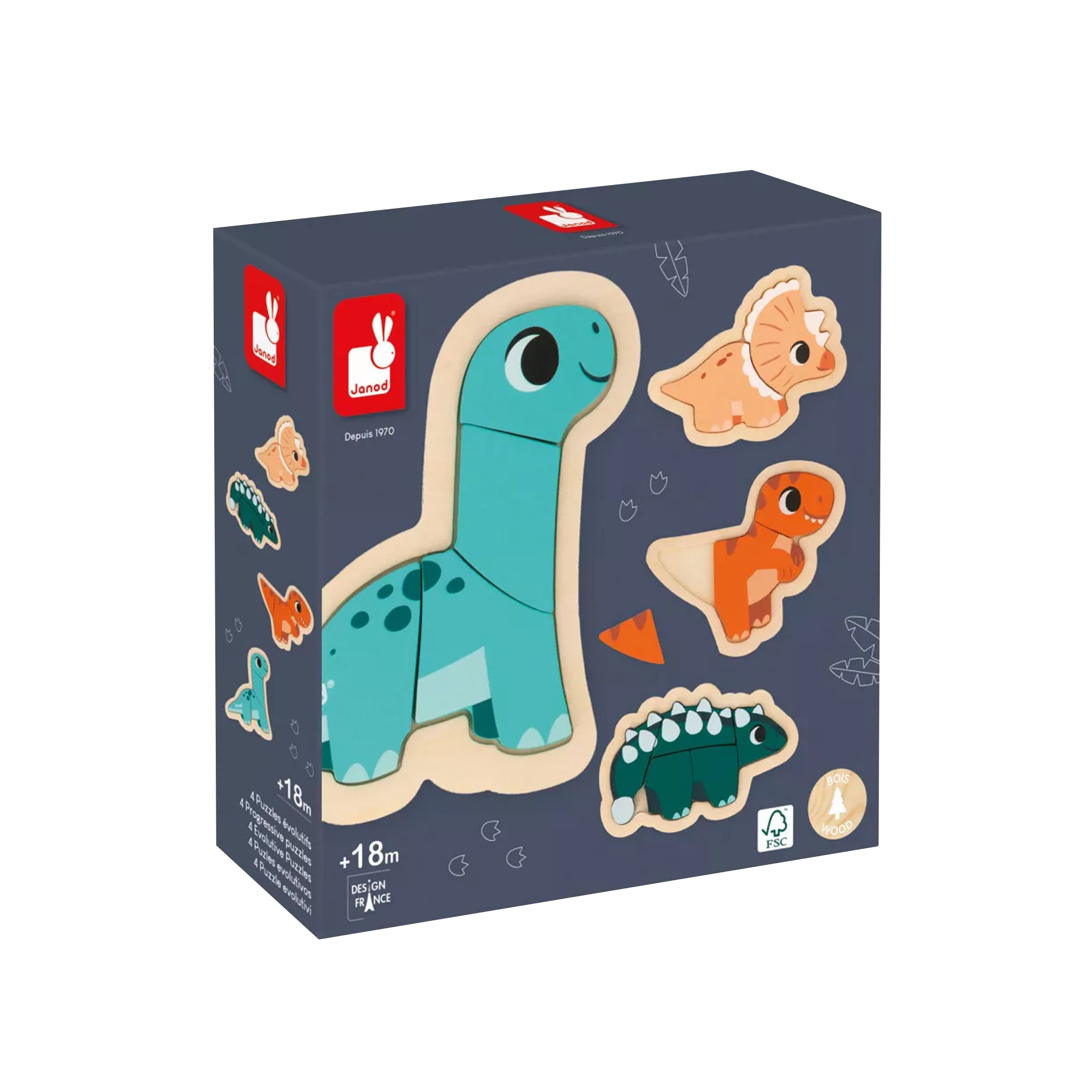 Janod dinosaur wooden puzzle box featuring colorful dinosaur pieces on a dark blue background, designed to help young children develop motor skills.