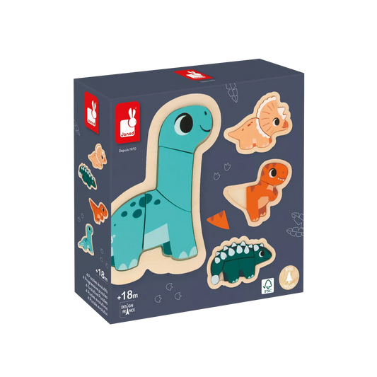 Janod dinosaur wooden puzzle box featuring colorful dinosaur pieces on a dark blue background, designed to help young children develop motor skills.