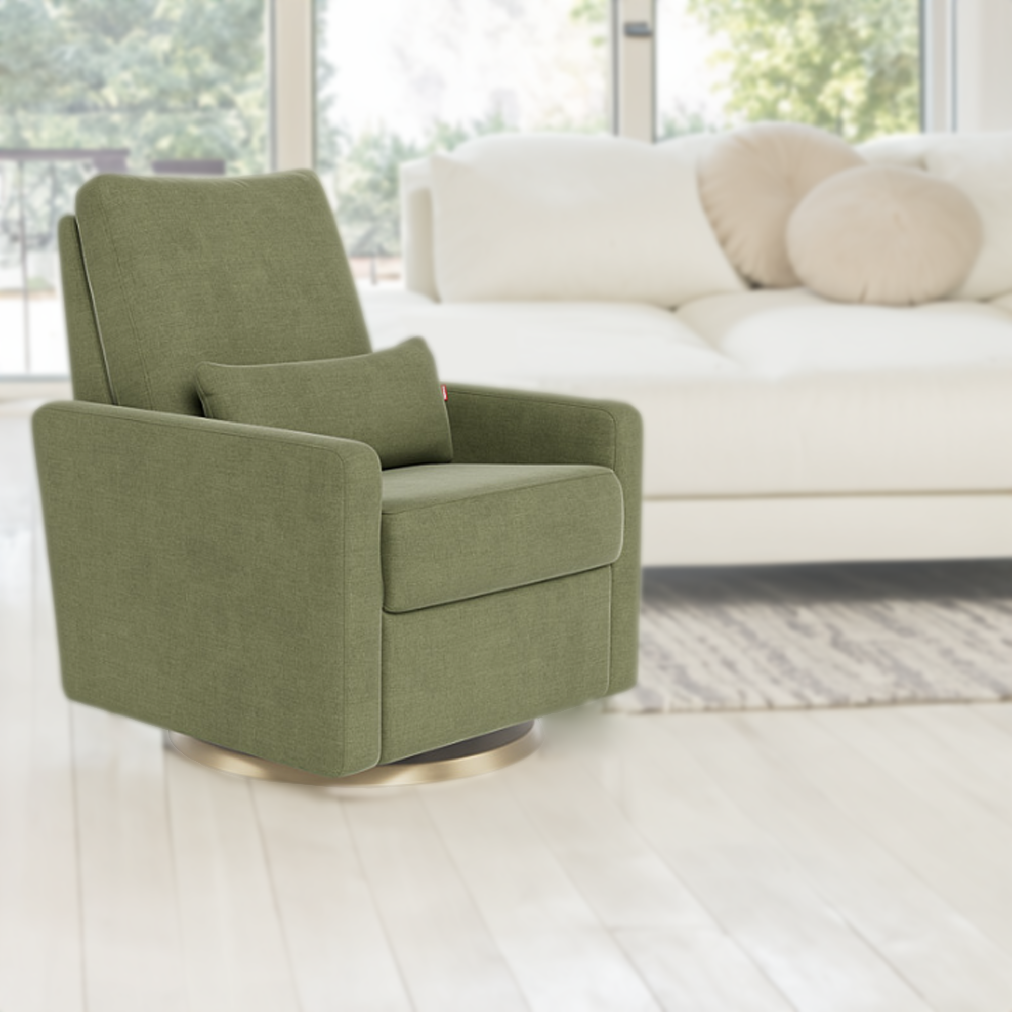 Fauteuil inclinable Monte Design Matera / Tissu vert olive / Coussin vert olive / Base pivotante dorée
