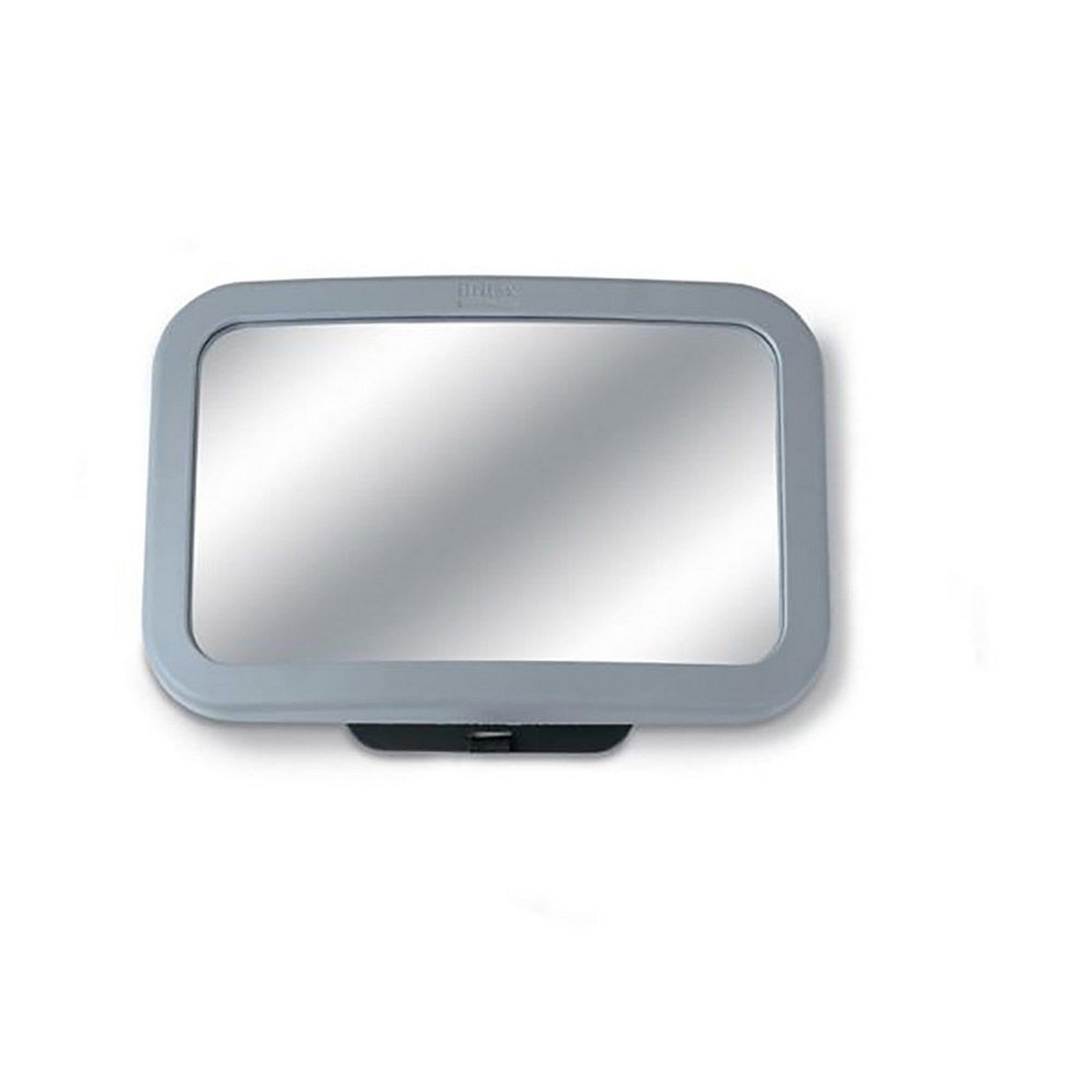 Britax back seat mirror with wide rectangular shape and gray frame, designed to monitor infants in rear-facing car seats.