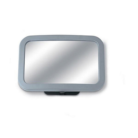 Britax back seat mirror with wide rectangular shape and gray frame, designed to monitor infants in rear-facing car seats.