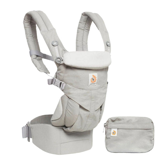 Light grey ergonomic baby carrier with padded straps, waist belt, front pocket, and detachable pouch, designed for comfortable hands-free carrying.