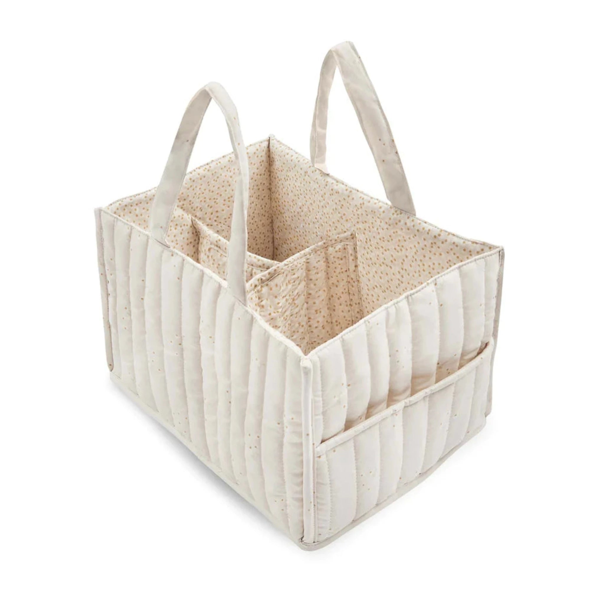 Beige quilted fabric storage caddy with two handles and divided compartments, designed for organizing baby essentials like diapers and wipes.