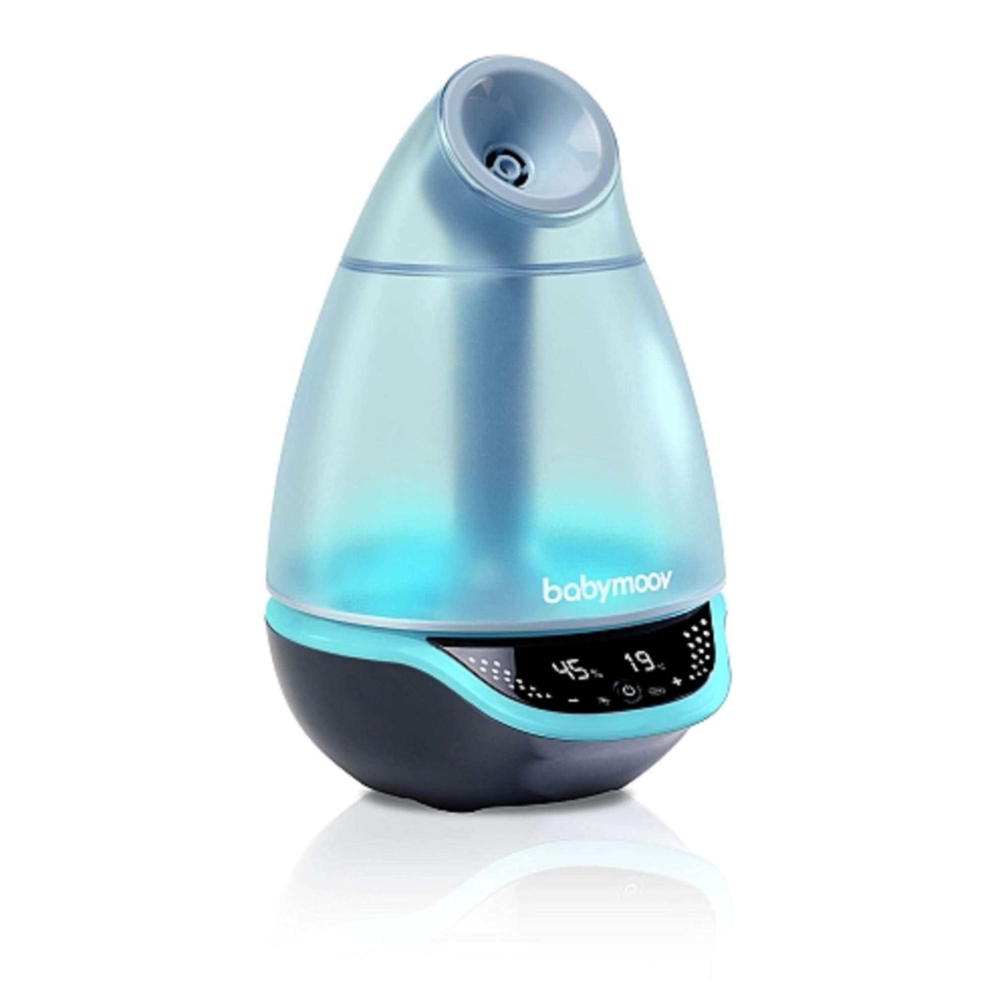 Crane drop cool mist humidifier in blue and black for baby nursery.