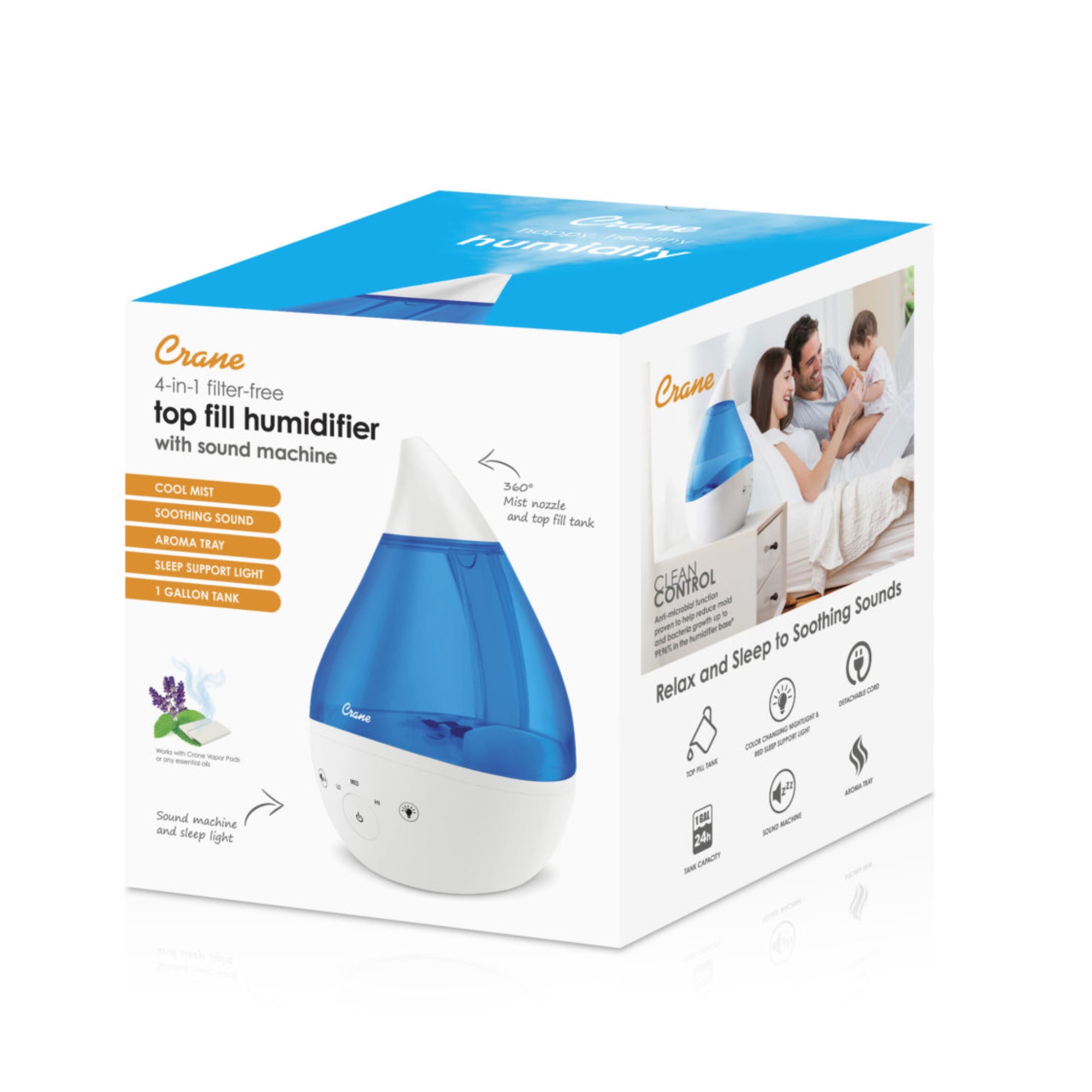 CRANE 4-in-1 Top Fill Drop Cool Mist Humidifier w/ Sound