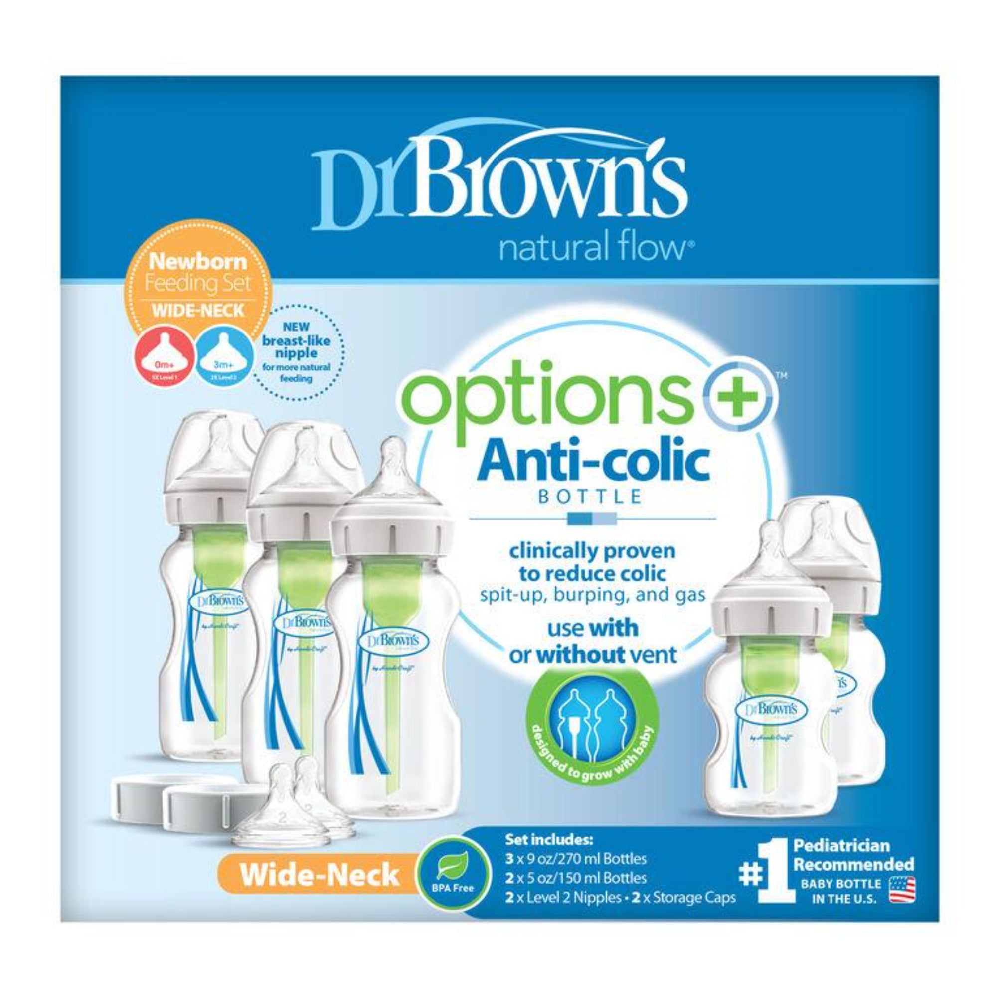 DR. BROWN'S Natural Flow Options+ Anti-colic Wide Baby Bottles Newborn Feeding Set