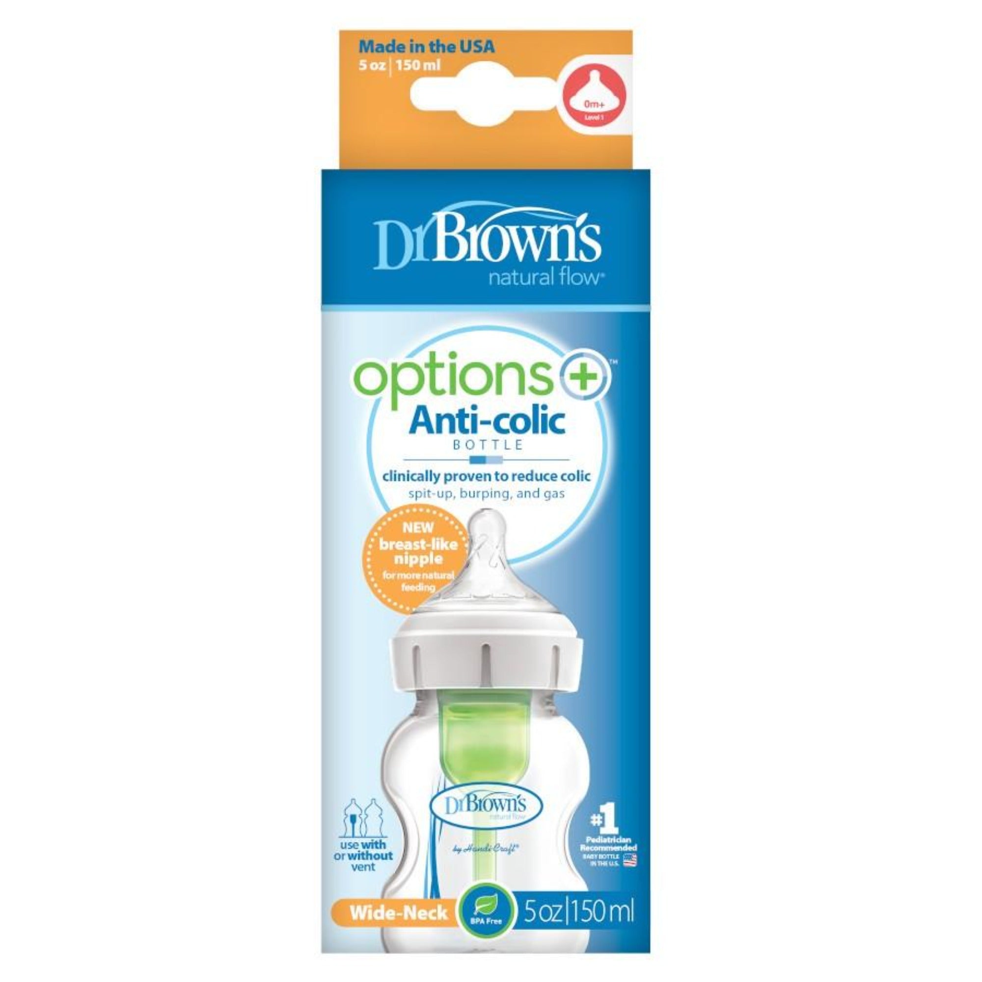 DR. BROWN'S Options+ Wide Baby Bottle 5oz./150ml 2pK with Level 1 Slow Nipple