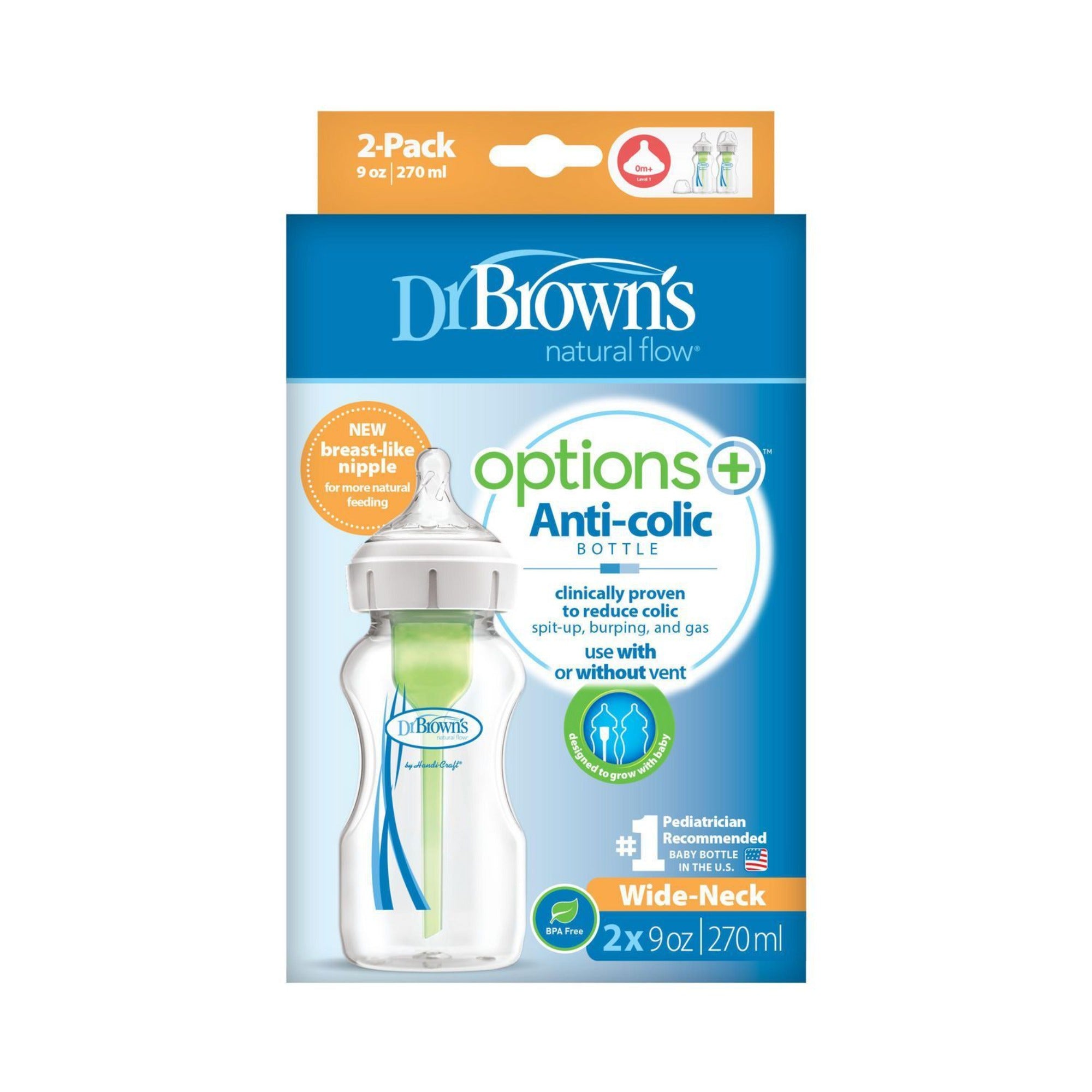 DR. BROWN'S Options+ Wide Baby Bottle 9oz./270ml 2pK with Level 1 Slow Nipple