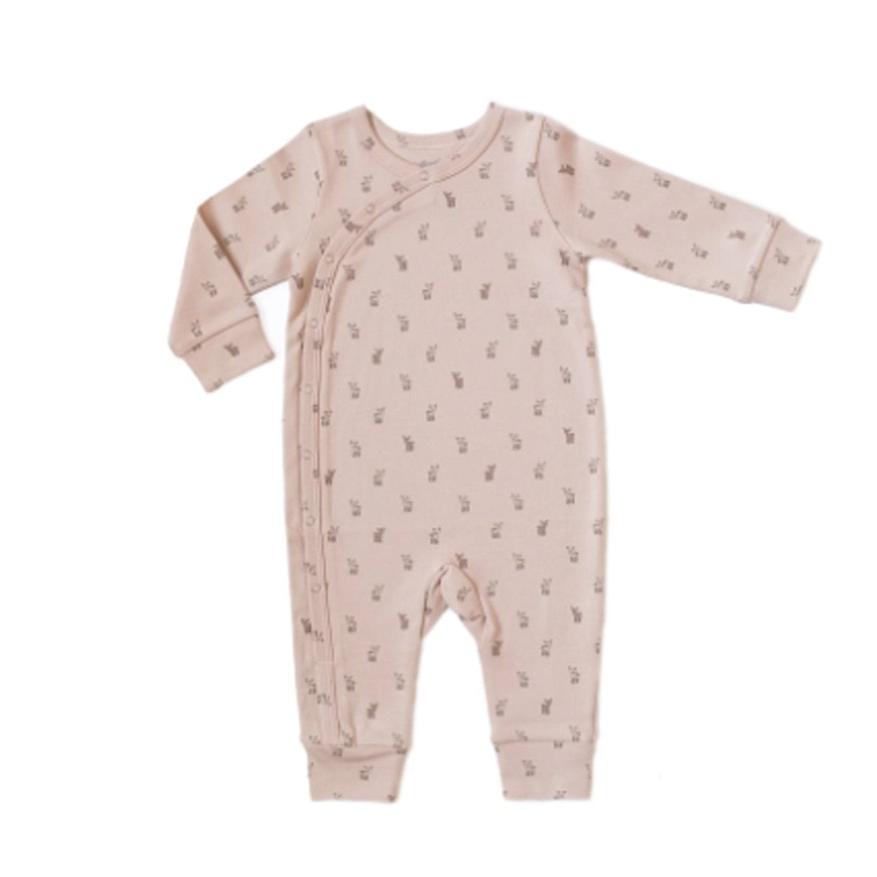 Light pink long-sleeve baby romper with small floral print, featuring footless legs and a soft, stretchy fabric for cozy everyday wear.