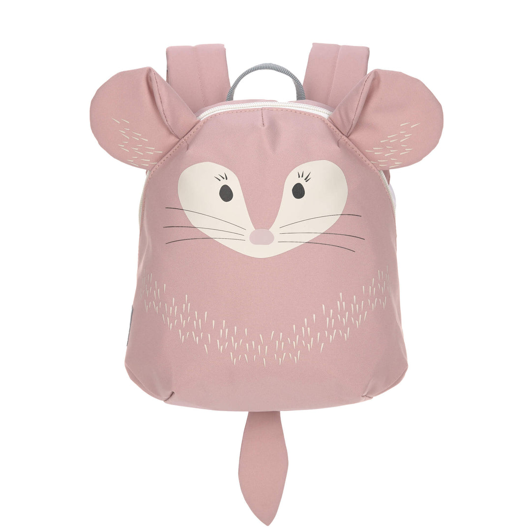 LASSIG Tiny Backpack About Friends in Chinchilla design, a pink animal-shaped kids backpack with ears, tail, and cute whisker face.