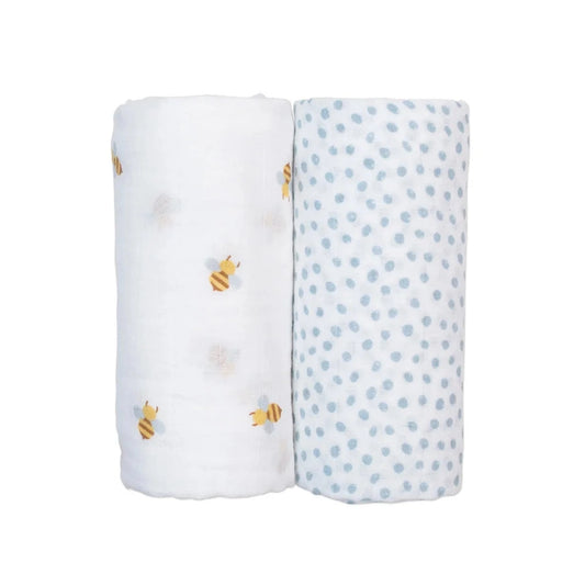 LULUJO-Cotton-Muslin-Swaddles-2-PK-Bees-Blue Dots