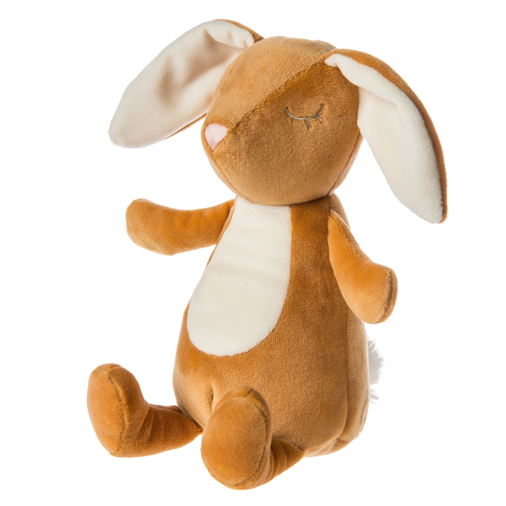 Brown and cream plush bunny toy with long ears, soft body, and stitched details, designed as a cuddly companion for babies and toddlers.