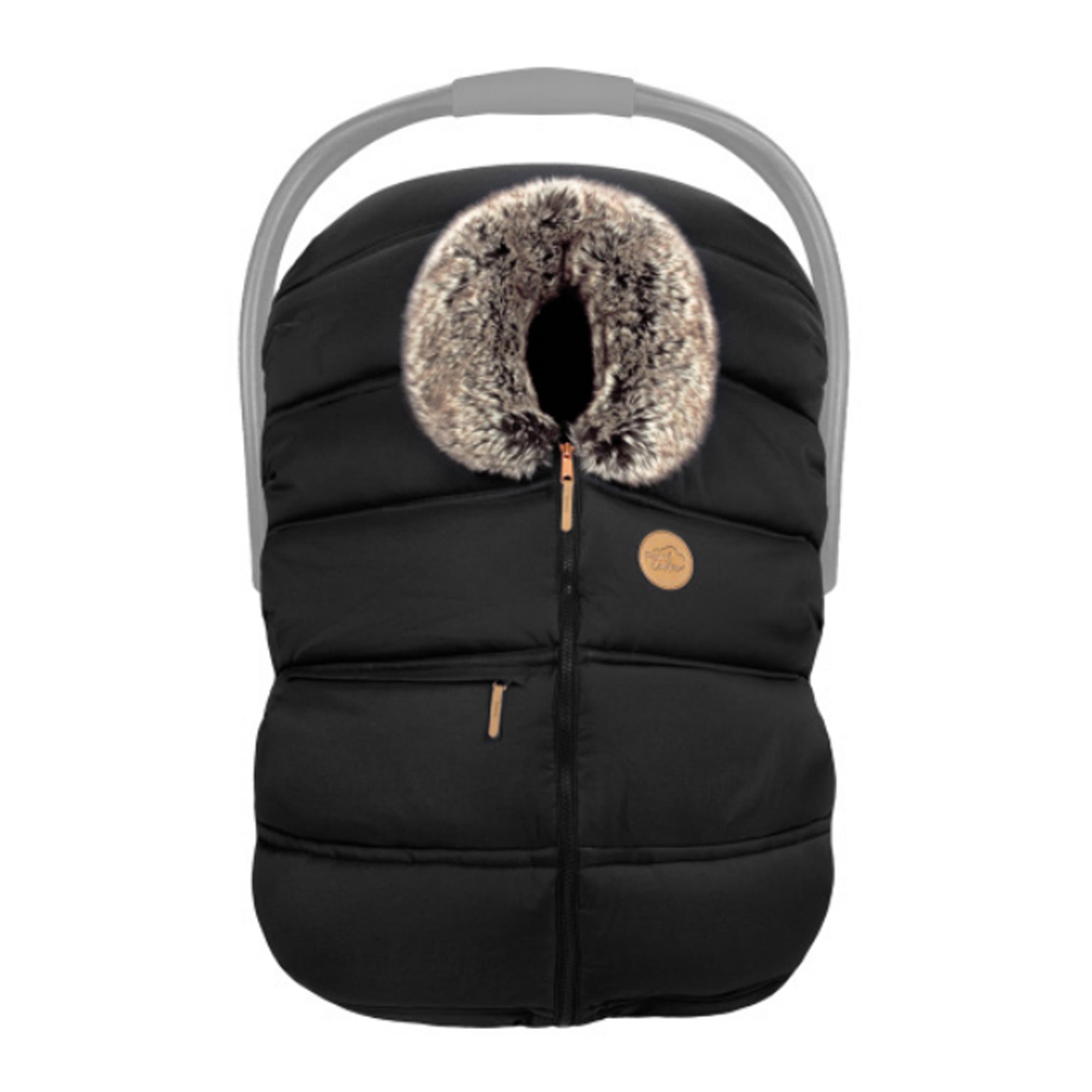 Black Petit Coulou winter baby car seat cover with quilted padding, faux fur hood trim, and zippered front, shown on white background.